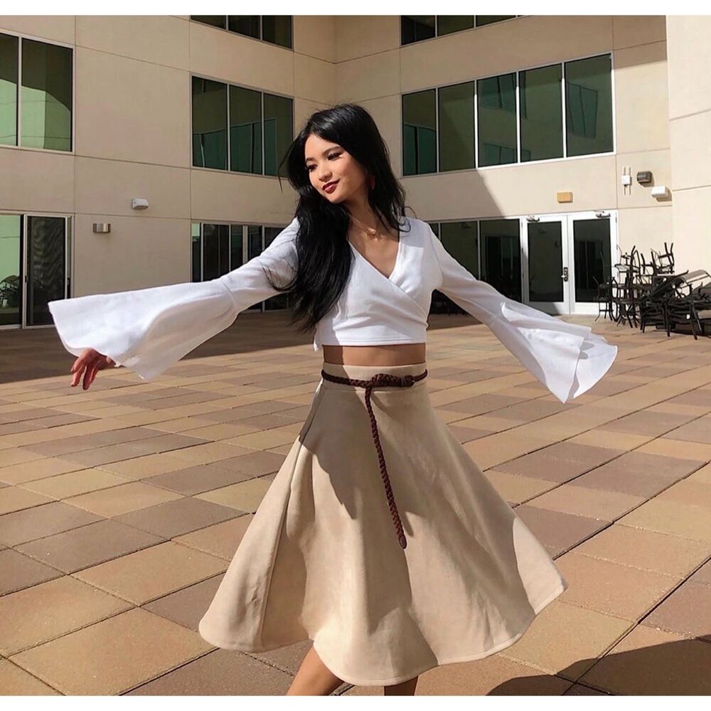 Bell Sleeve Wrap Cropped Long Sleeve Blouse